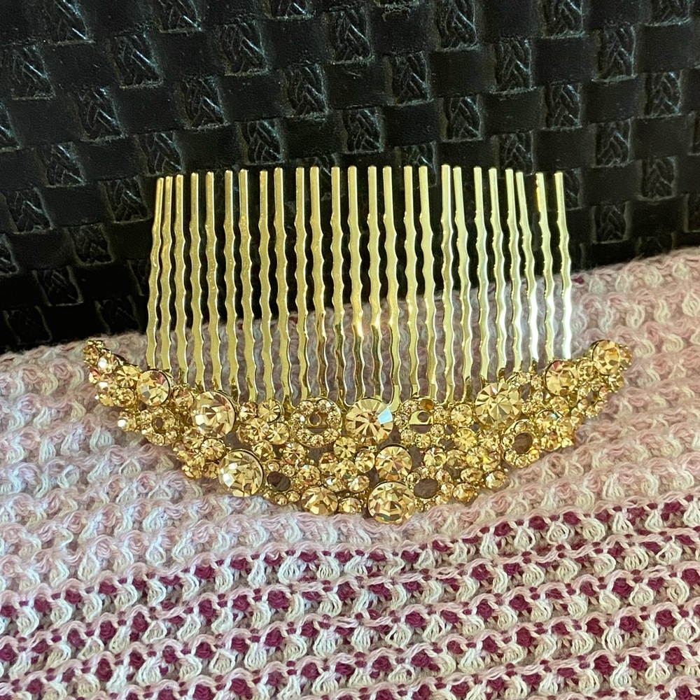 New! Gold Hair Clip Comb Peach Rhinestones - Picture 7 of 11